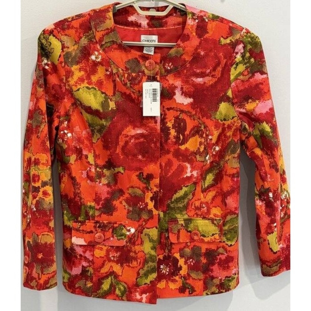 Chicos NEW Jacket Blooming Blossom Victory Red Button Front Pocket Blazer 1